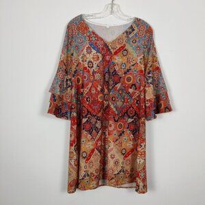 Women's Boho Chic Floral Print Flowy Tunic Top - Size Large